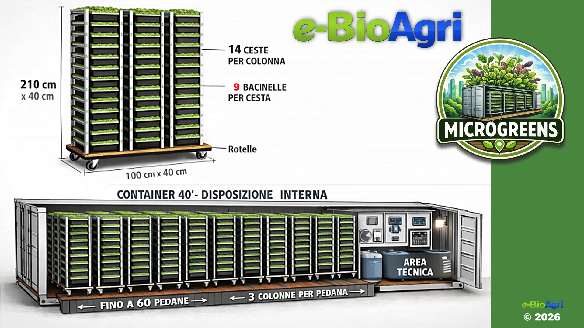 Esempio di disposizione interna con pedane mobili per microgreens