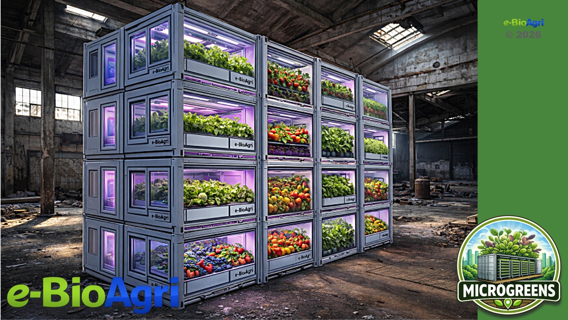 Moduli di coltivazione e-BioAgri impilabili in un edificio industriale